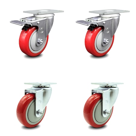 Service Caster 4 Inch Red Polyurethane Wheel Swivel Top Plate Caster Total Lock Brakes, 2PK SCC-TTL20S414-PPUB-RED-2-S-2